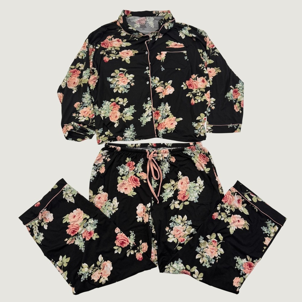 Flora by Flora Nikrooz Women's XL 18/20 Floral Pajama Set Black Pink 2 Piece